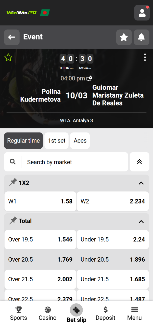 Select your WinWin Tennis market and add it to the slip.