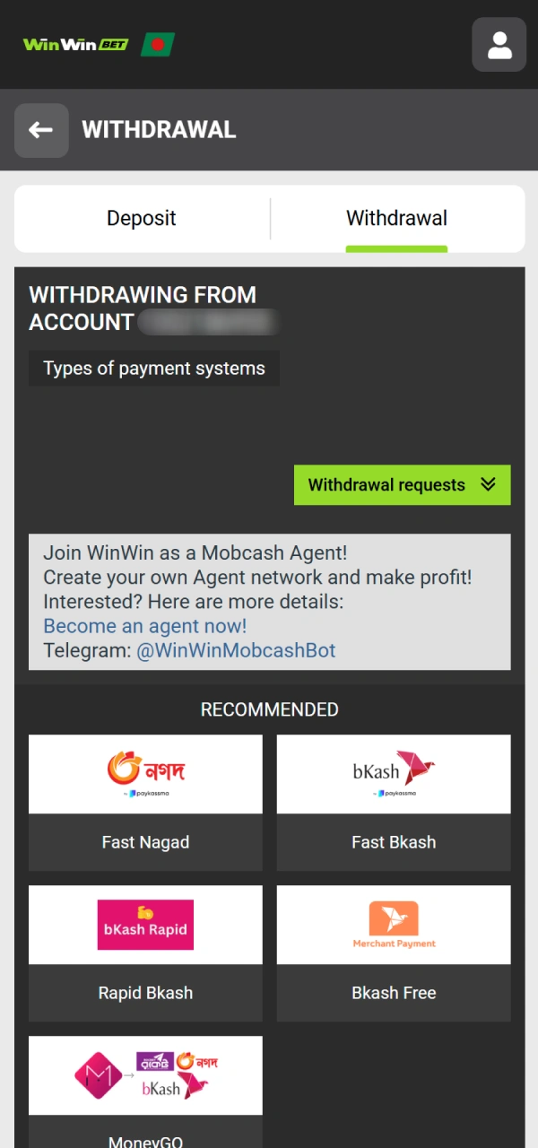 Select a secure payout option to Withdraw from the WinWin platform.