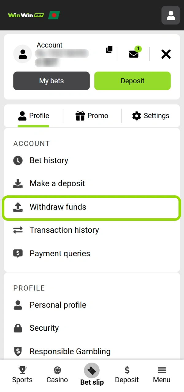 Log in and access the cashier to Withdraw your WinWin earnings.